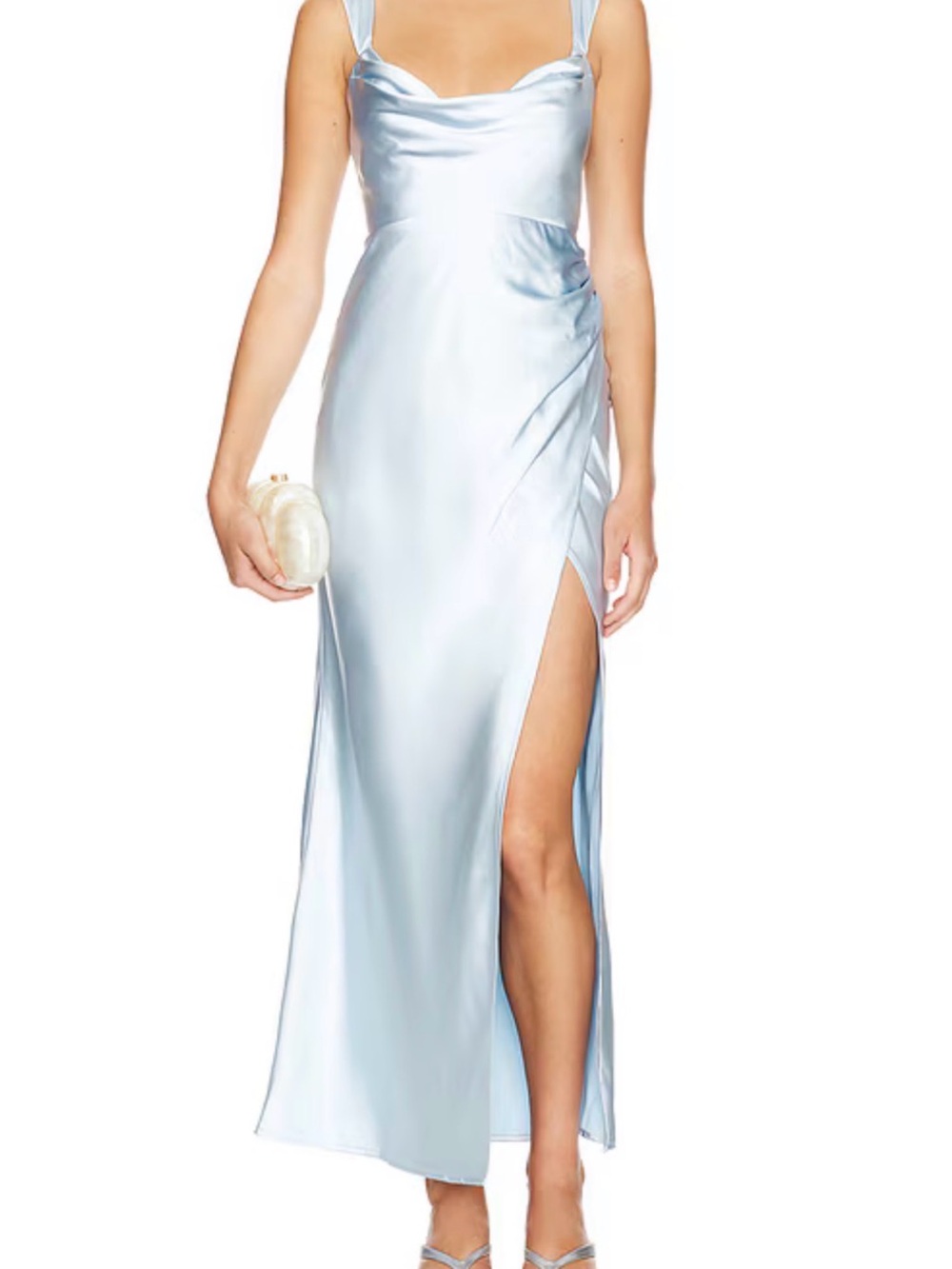 Satin Cowl Neck Midi Dress in Light Blue with High Slit- Havana Dress